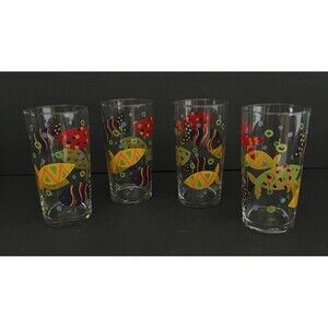 Vtg Libbey Colorful Tropical Fish Marine 16oz Tumblers Water Glasses Lot of 4